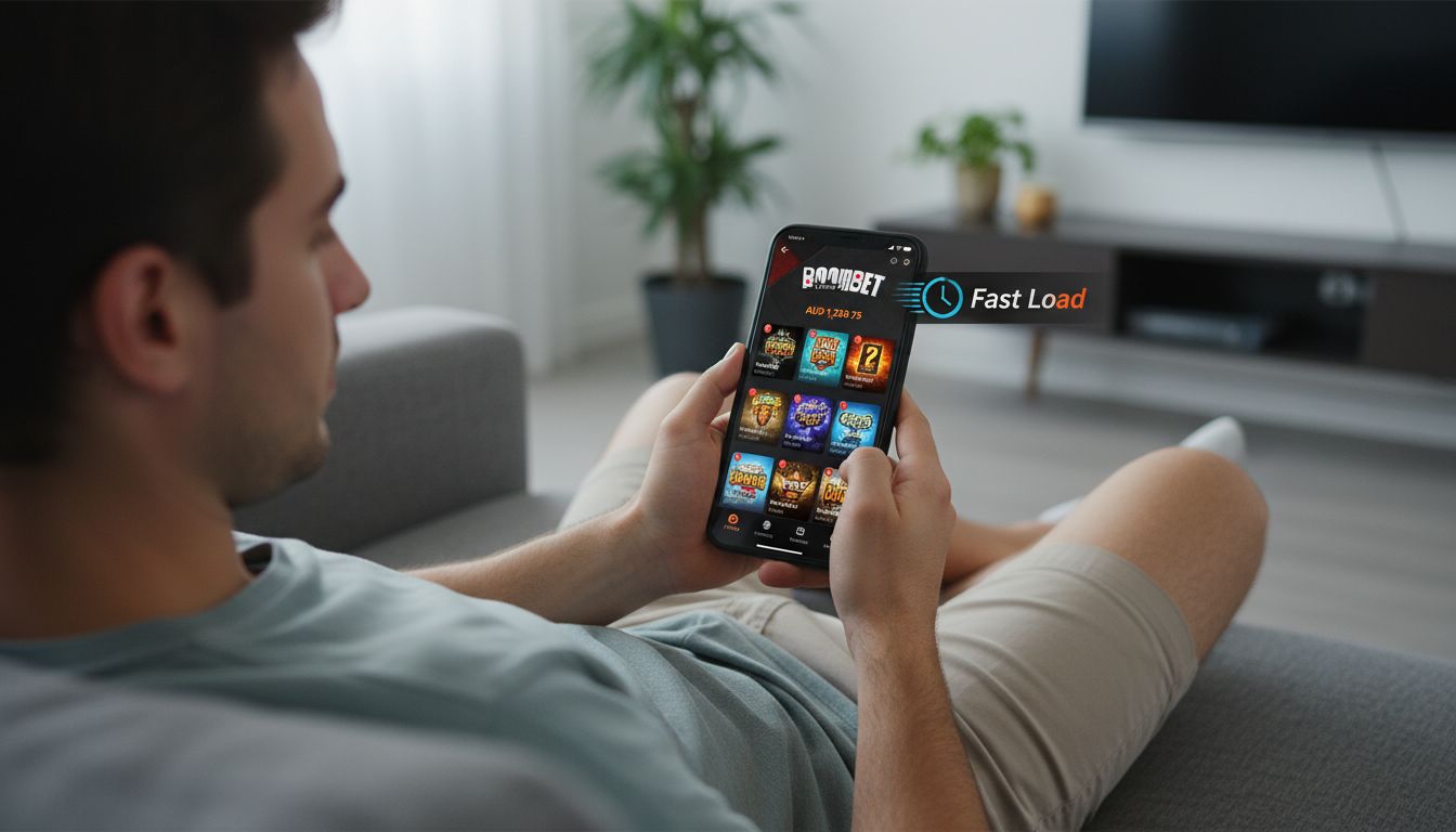 A user in Australia sitting on couch, holding phone with fast-loading casino game lobby in view, AUD amounts, clock icon
