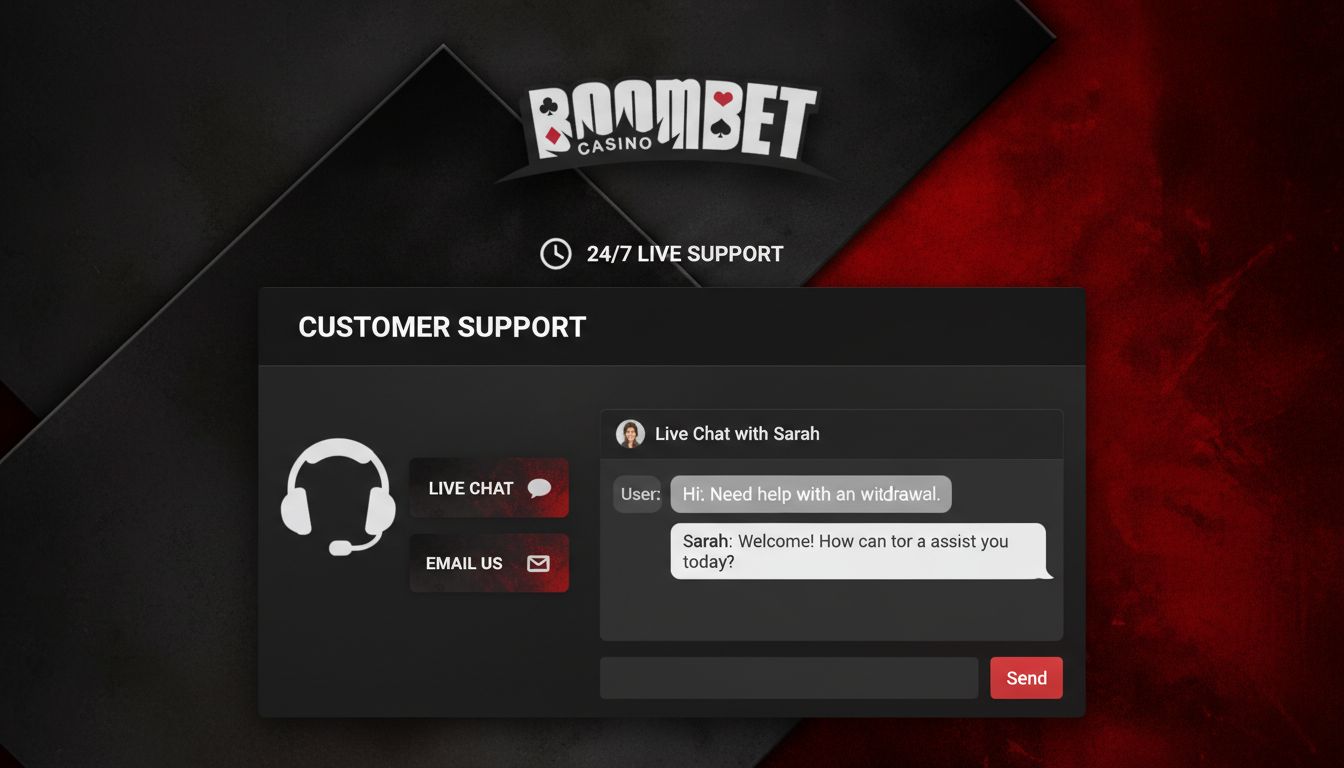Chat bubbles, support agent icon, email envelope clock showing 24/7 service