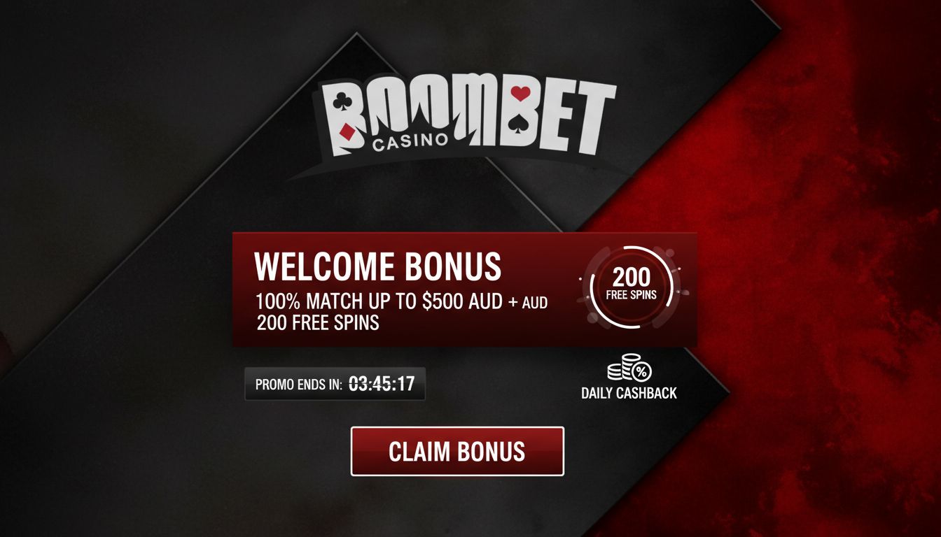 A bold promo banner showing Welcome Bonus, Free Spins, Cash Back, with AUD and timer