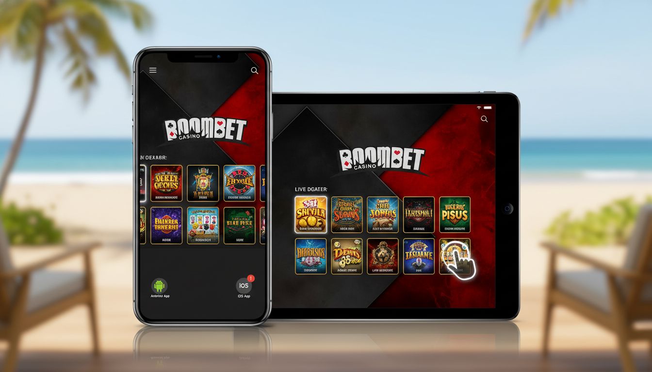 Smartphone and tablet side by side showing mobile casino layout, Android and iOS icons
